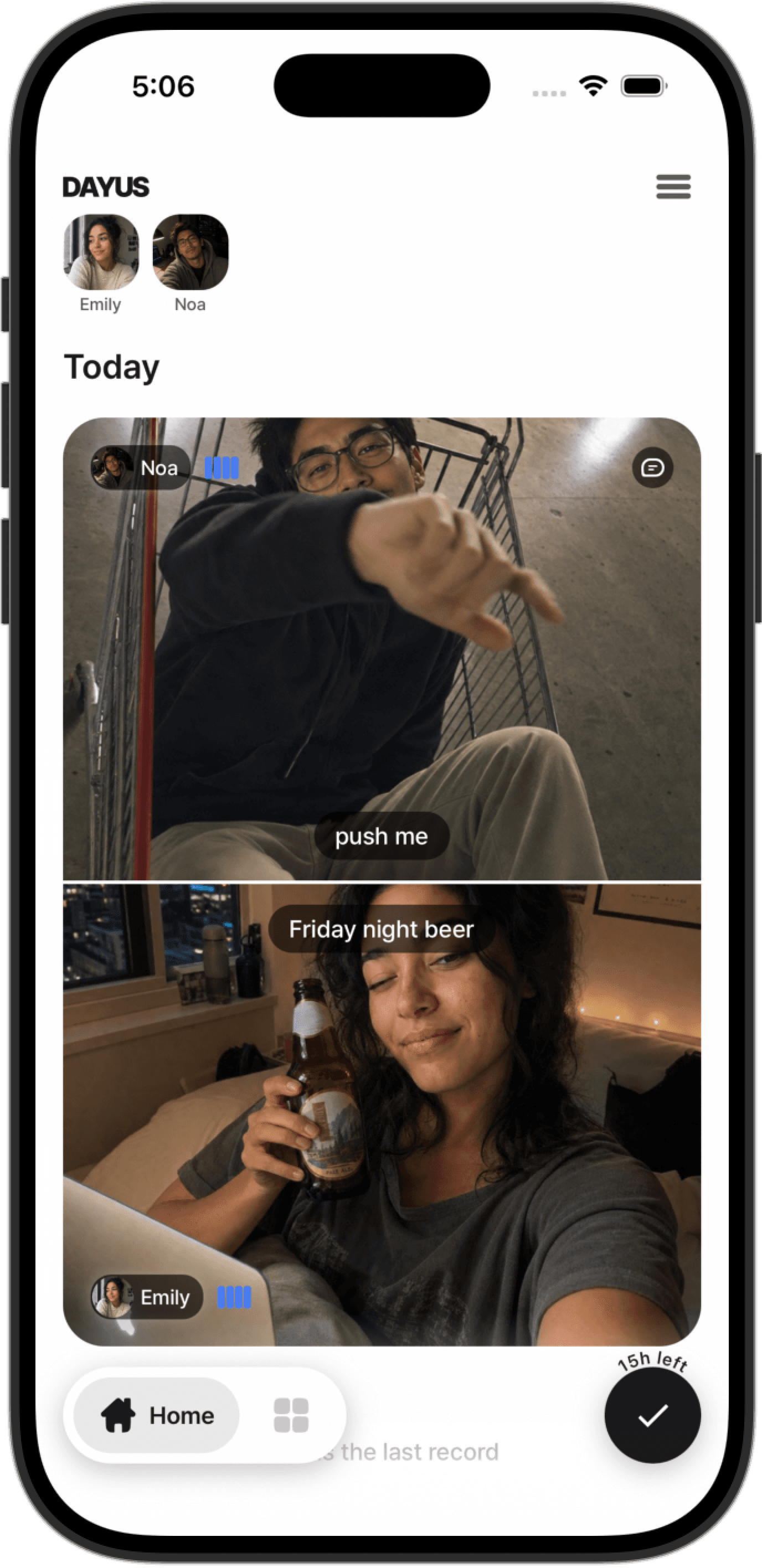 The DAYUS home screen showing today's photo